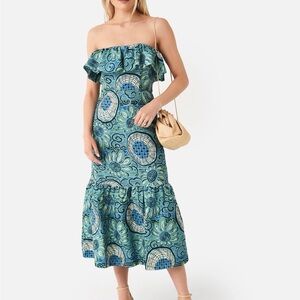 RHODE Strapless Blue and Green Midi Dress